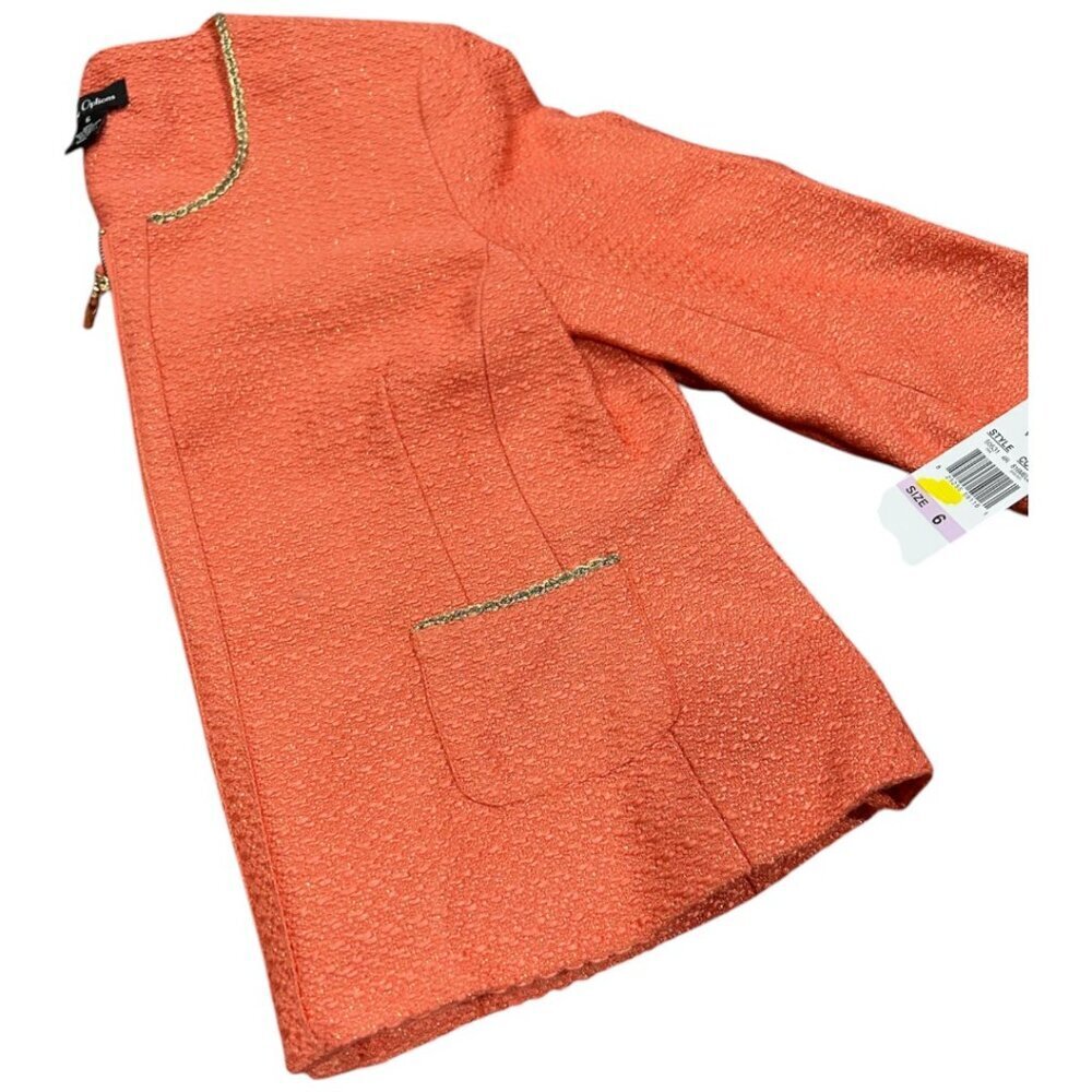 Nue Options Venice Tweed Blazer Size 6 Melon Gold Trim Zip Front NWT